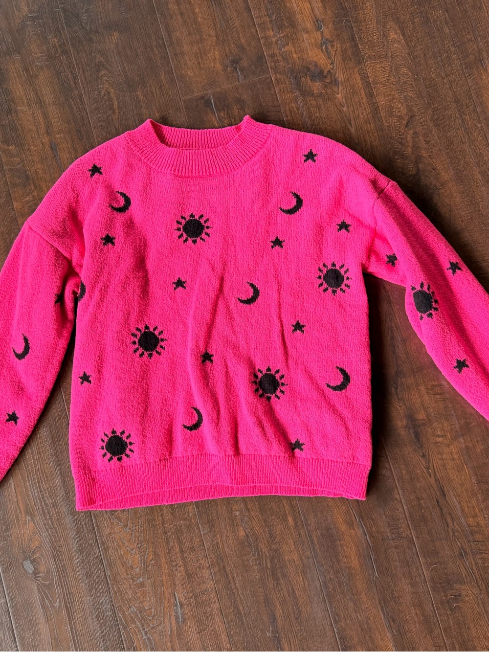 No Boundaries Hot Pink Crewneck Sweater with Black Sun, Moon & Star Motifs